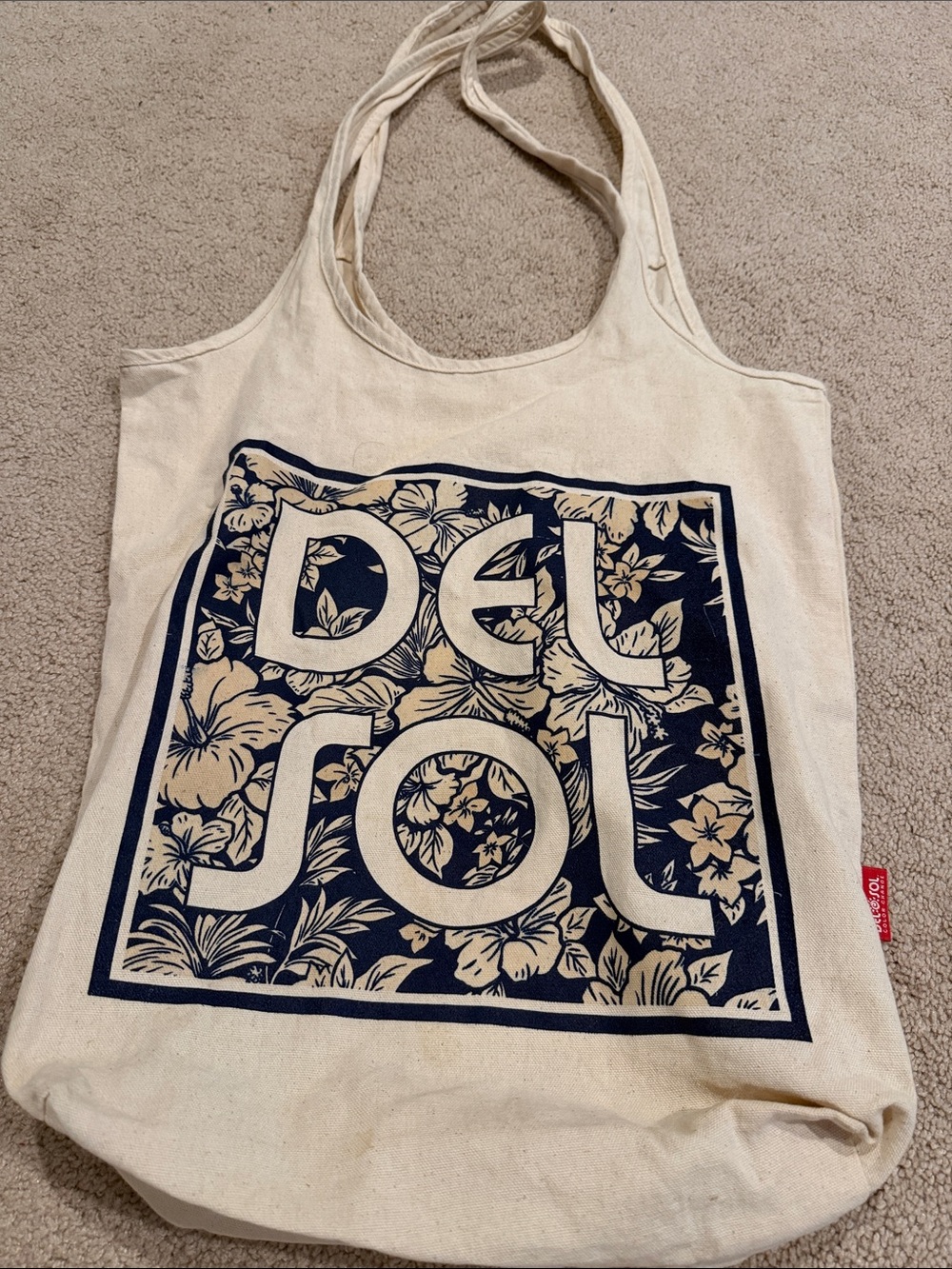 Del Sol Floral Print Canvas Tote Bag Cream with Navy changes color in sun